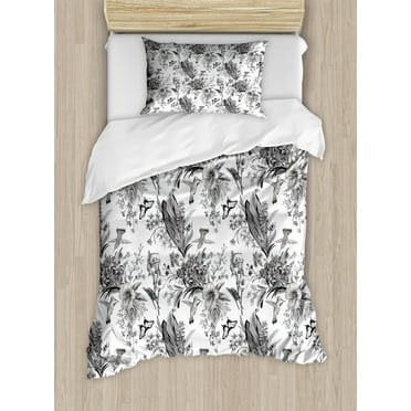 Black and White Twin Size Duvet Cover Set, Amaryllises and Begonias Botanical Inspirations with Butterflies and Birds, Decorative 2 Piece Bedding Set with 1 Pillow Sham, Black White, by Ambesonne