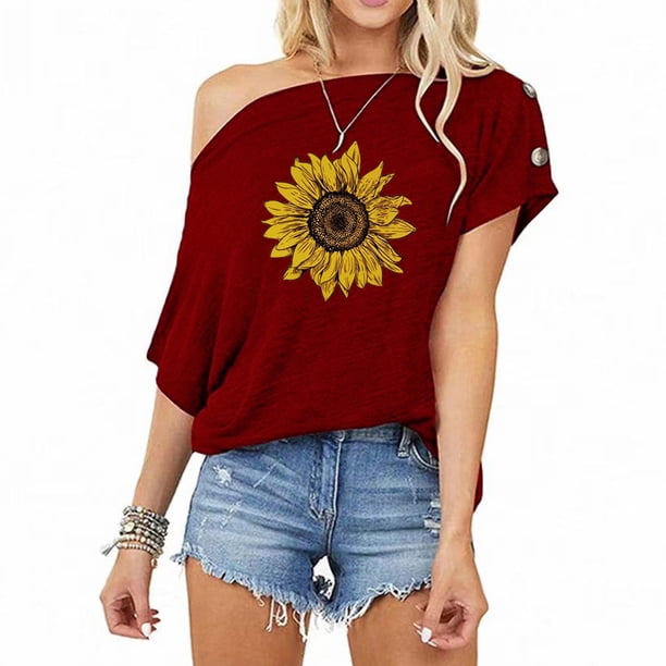 Blusa Informal de Manga Corta Fiudx con Un Solo Hombro para Mujer Estampados Moda