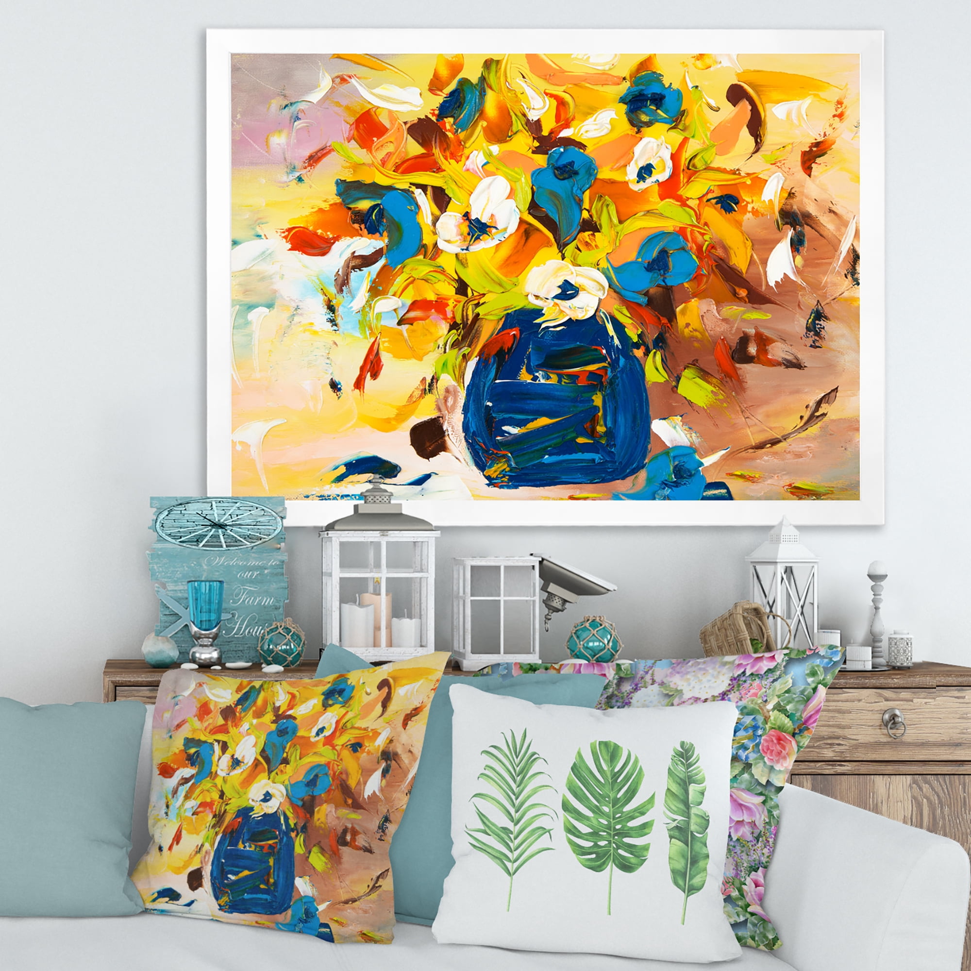 Designart 'A VIbrant Flower Bouquet In Blue and Yellow' Traditional Framed Art Print