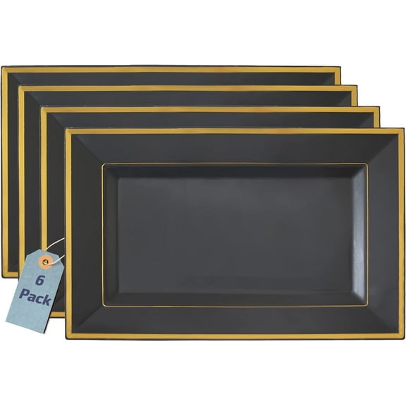 6-Pack Hard Plastic Serving Tray Set, Black and Gold Rim