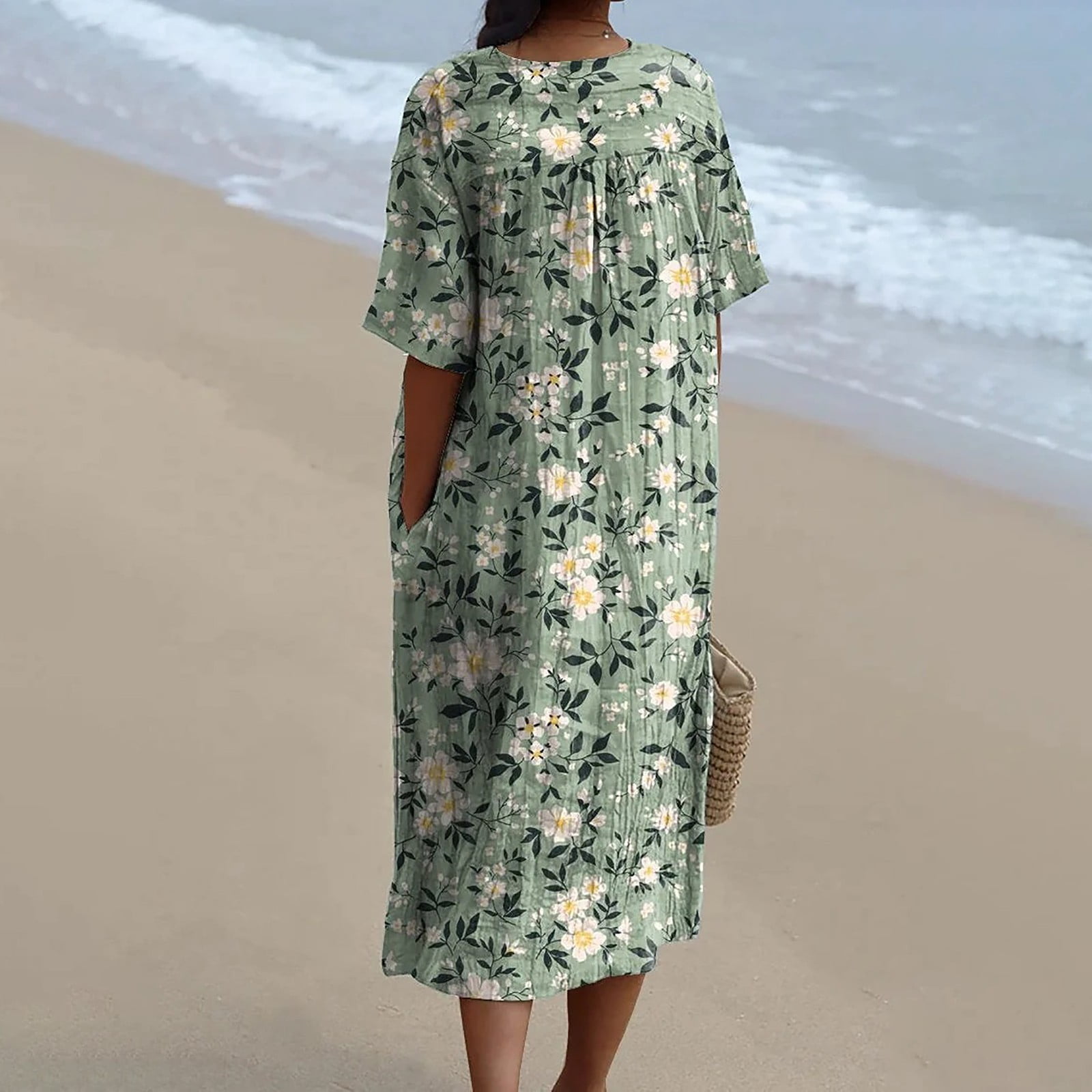 XVJRHAK Women's Vintage Floral Art Print Casual Flowing Dress With Pockets V Neck Dress (Mint Green,S)