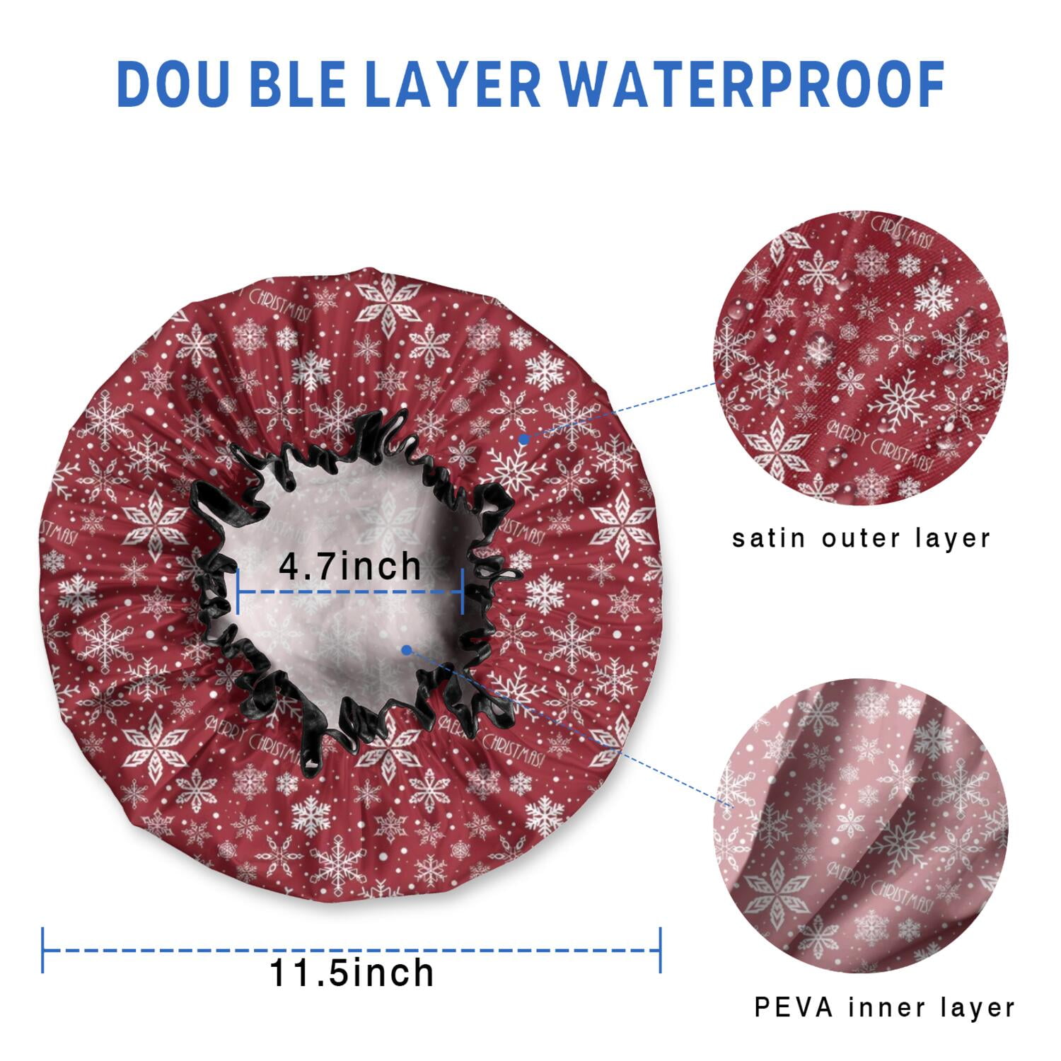 Shower Caps,Red Christmas Snowflake Pattern Waterproof Shower Cap for Women 4 Pieces,Double Reusable Hair Cover for Shower PEVA Elastic Stretch Hem