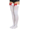 thumbnail image 5 of ToBeInStyle Women's Opaque Satin Bow Accent Thigh Highs - White/Red - One Size, 5 of 6