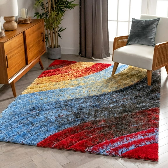 Well Woven San Francisco Mojave Red Modern Abstract 5'3" x 7'3" Shag 3D Textured Area Rug