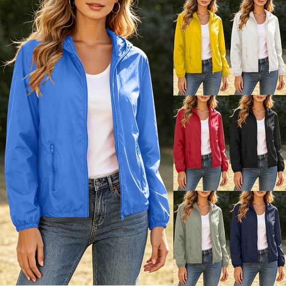 FAIWAD Rain Jacket Women Sun-Protection Lightweight Zip Up Outdoor Hiking Hooded Windbreaker with Pocket