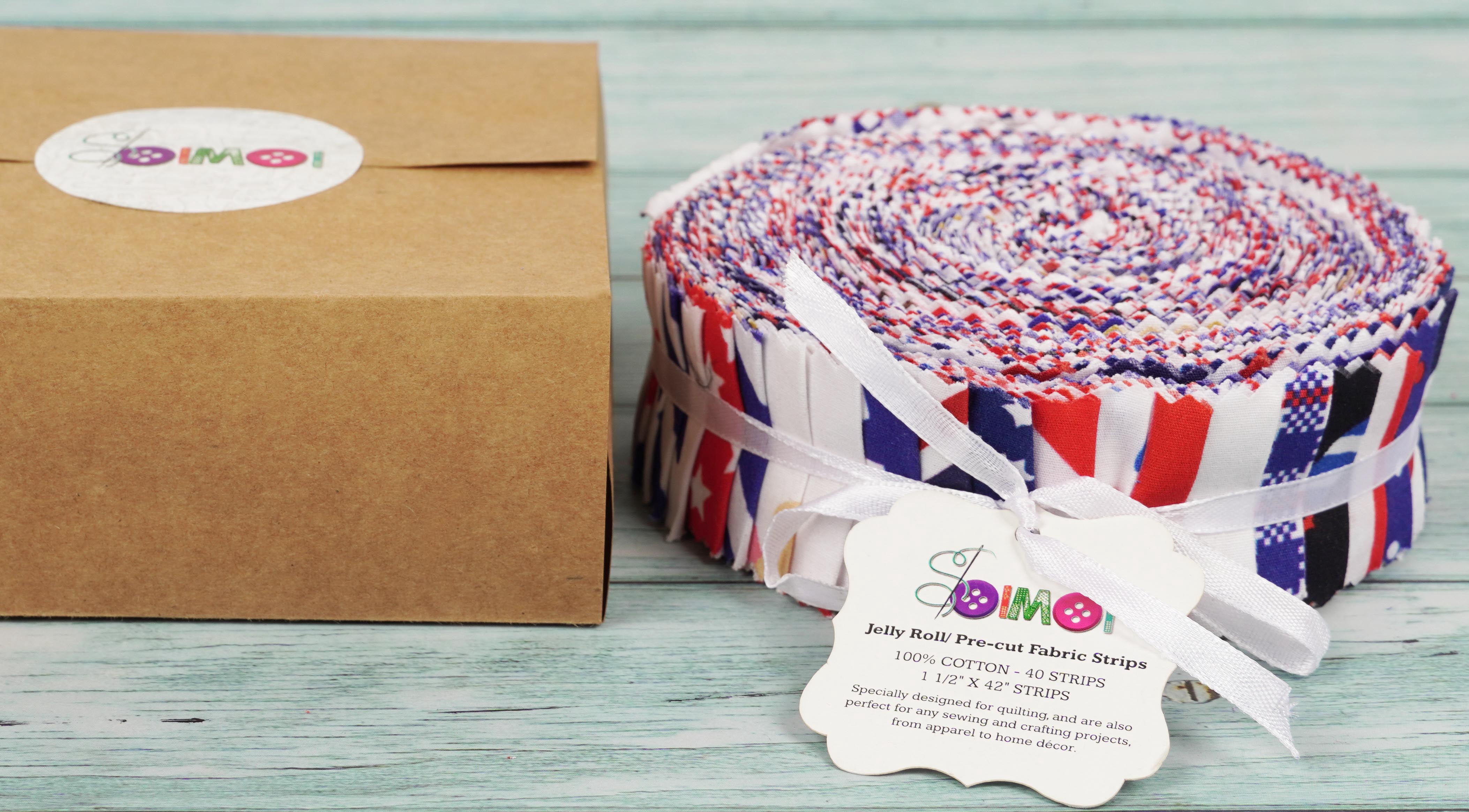 Soimoi 40Pcs American Color Flag Theme Print Precut Fabrics Strips Roll Up 1.5x42inches Cotton Jelly Rolls For Quilting - Red, Blue & White