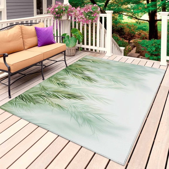 Green Palm Leaves Outdoor Rug for Patio/Deck/Porch, Non-Slip Large Area Rug 6 x 9 Ft, Summer Botanical Tropical Indoor Outdoor Rugs Washable Area Rugs, Reversible Camping Rug Carpet Runner