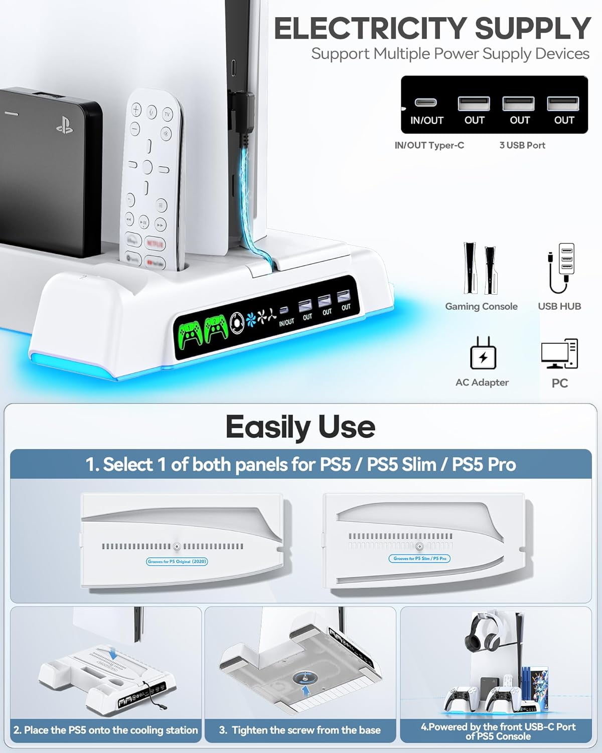 PS5/PS5 Slim/Pro Stand and Cooling Station with Controller Charging Station, PS5 Controller Charger, PlayStation 5/PS5 Slim Accessories with 3 Level Cooling Fan