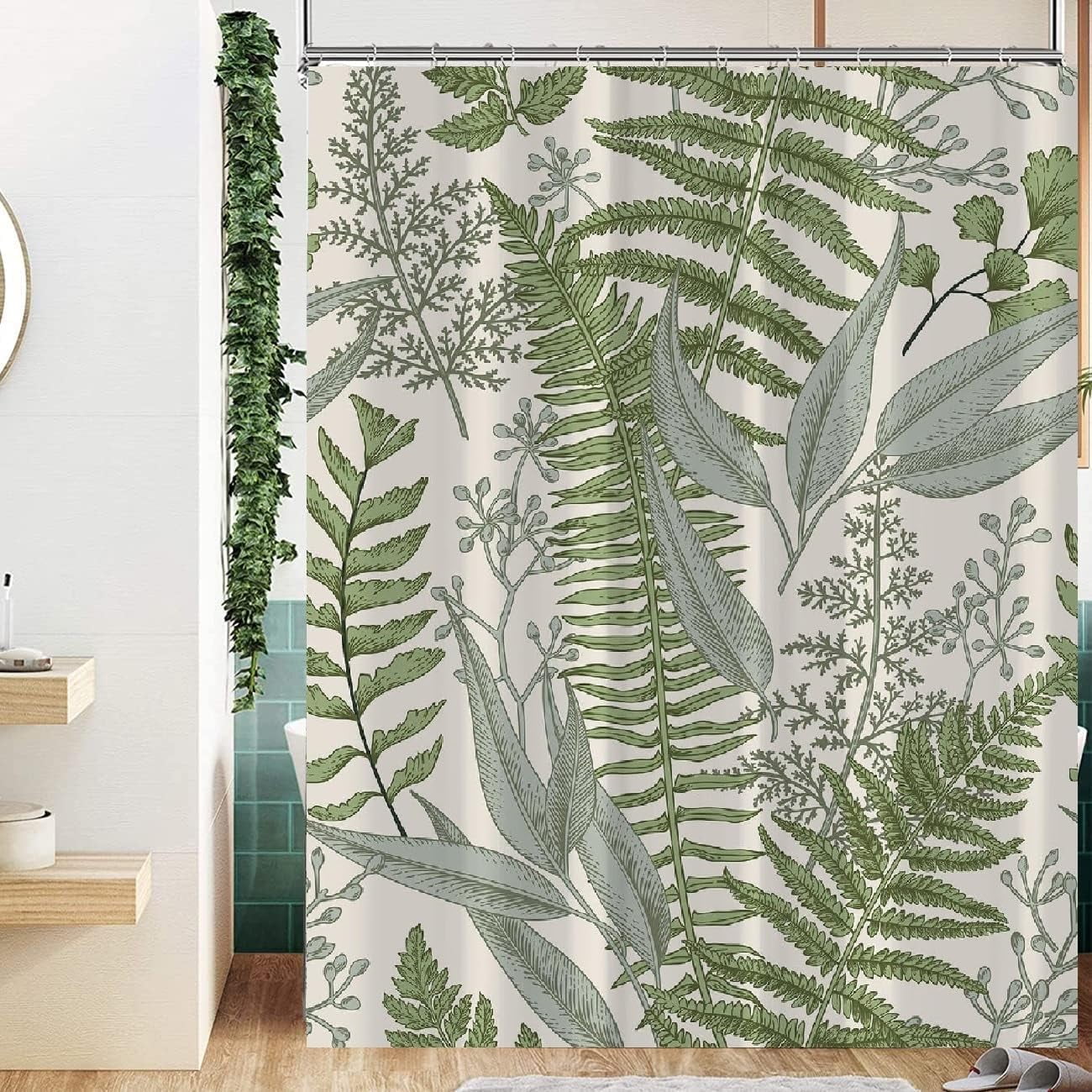 Extra Long Sage Green Leaves Shower Curtain, Tall Plant Bathroom Shower Curtains, Waterproof Fabric Botanical Shower Curtain, 72 x 84 Inch