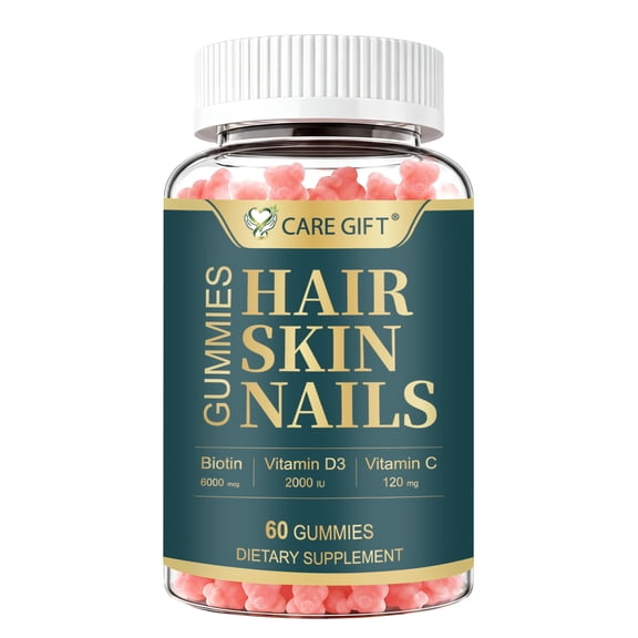 CARE GIFT Hair Skin and Nails Gummies with Biotin 6000mcg & D3, 18-in-1 Multi Beauty Vitamins for Hair Density & Nails, 60 Count