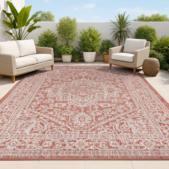 JONATHAN Y SANTA MONICA 5 x 8 Area Rug, Sinjuri Medallion Textured Weave - Red/Taupe, SMB101A-5