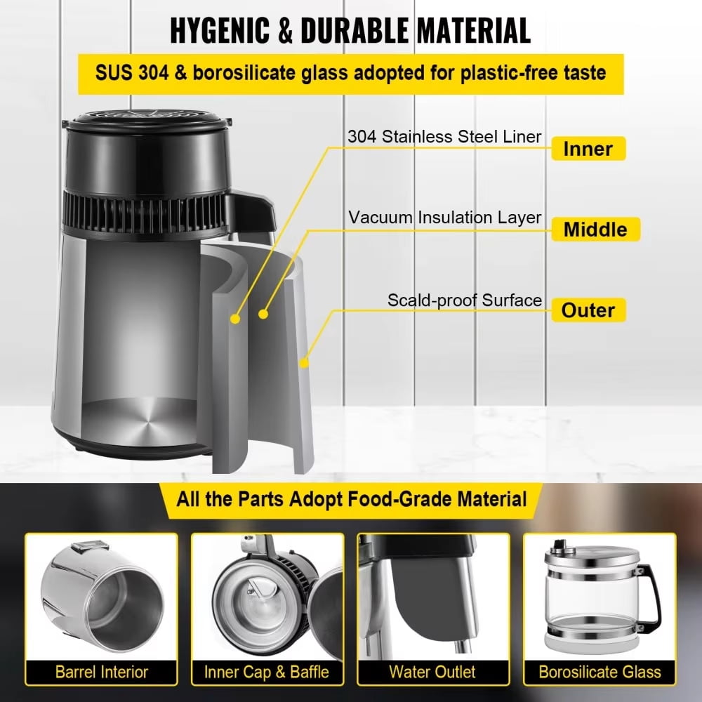 1.1 Gallon/4L Water Distiller Countertop 750W 304 Stainless Steel Distilled Water Maker Machine with Glass Carafe, Home Pure Clean Water Device
