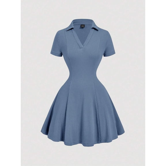 Blue Vintage 2000s Ribbed Knit Collar Mini Dress, Preppy 70s Flared Skirt