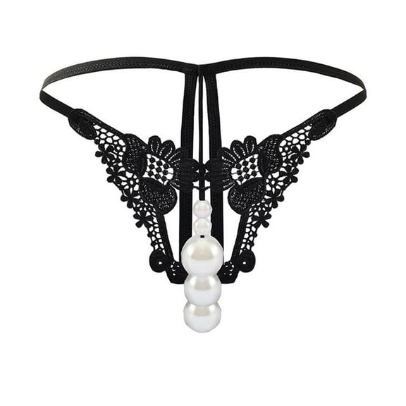 Sunvit-Panties Womens Black Lace Thong with Pearl-Inspired Accents, Open-Front Design, Stretchy Nylon-Spandex, Free Size – Skin-Friendly Sexy Intimate Wear