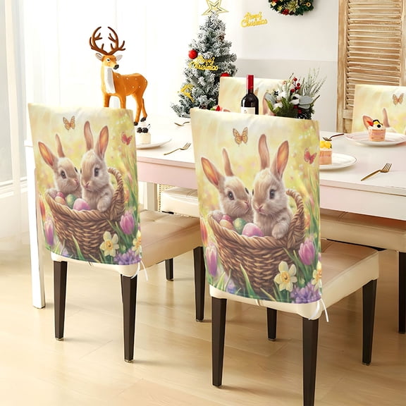 YAZAOO Chair Covers Set Home Kitchen Cute Rabbit on Easter Basket Party Decor Seat Back Cover Protector