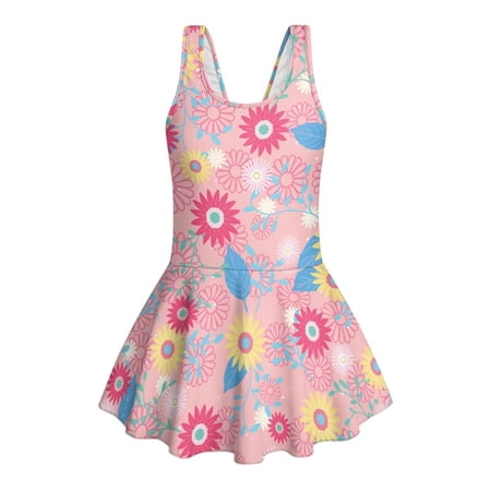 COEQINE Classic Tankini Style Swim Dress for Girls U-Neckline V-Back Straps Bathing Suit with Attached Skirt for Swim Lessons Summer Camp Sizes 12-13 Pink Daisy Hippie Flower