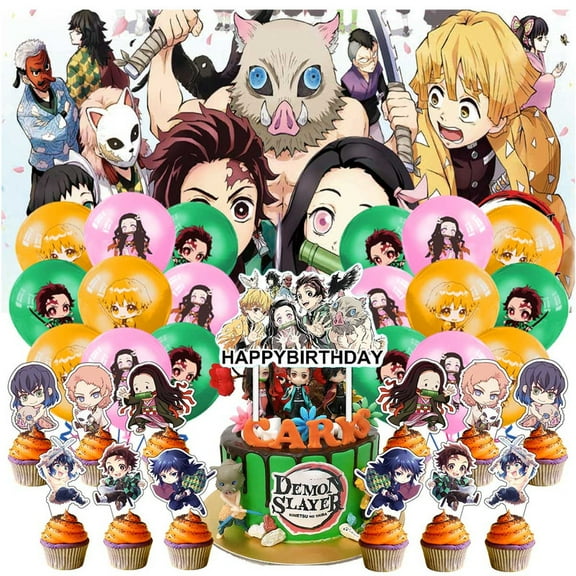 Demon Slayer Party Supplies Cake Topper Decor Kit Latex Balloons Birthday Decorations Banner Backdrop
