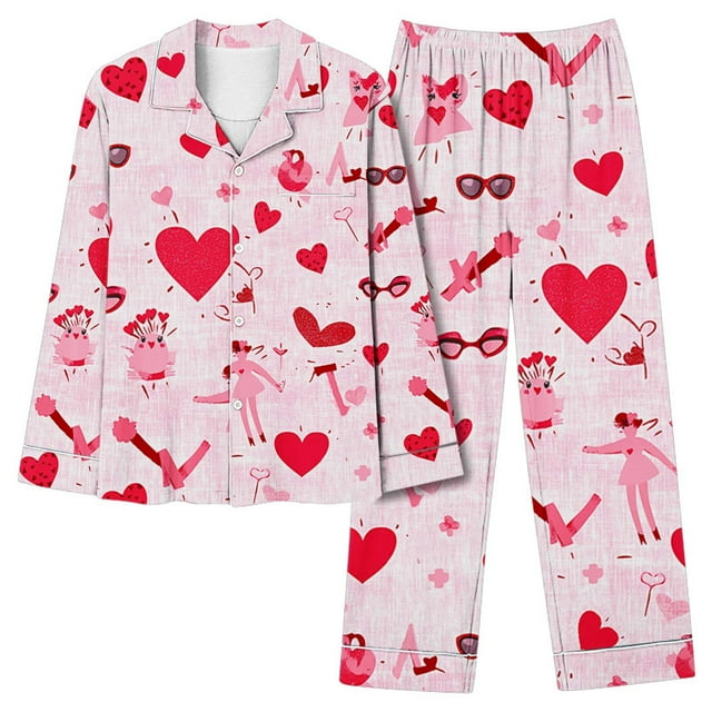 TIMIFIS Pyjamas de la Saint-Valentin pour Femmes Ensembles de Pyjamas pour Dames Décontractés à Manches Longues Mignon Imprimé Cœur Chemise Boutonnée Décontractée Hauts avec Pantalon Long Ensembles de Pjs
