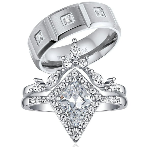 Ringheart Couple Rings Matching Rings White Gold Plated 1.5CT AAA CZ 2pcs Women Wedding Ring Sets for Him and Her Rings Men Band