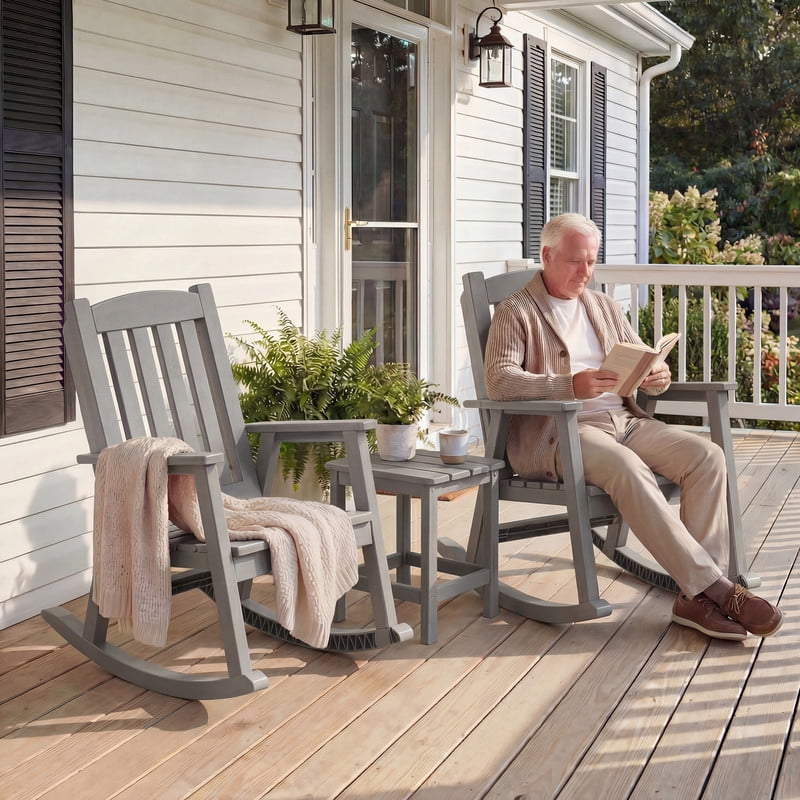 Vineego Oversized Outdoor Rocking Chair Set of 2, Heavy Duty Patio Rocker, All-Weather Resistant Front Porch Lawn Chairs for Outside, Light Brown