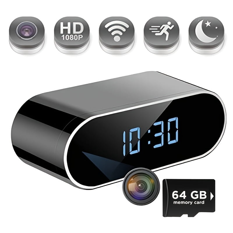 1080P HD WiFi Alarm Clock Camera with Motion Detection, Night Vision, Two-Way Audio, 64GB Storage, Battery/USB Powered for Baby/Pet Monitor & Indoor Security