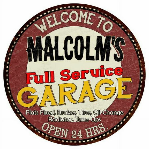 Malcolm's Full Service Garage 14" Round Metal Sign Man Cave Decor 100140037418