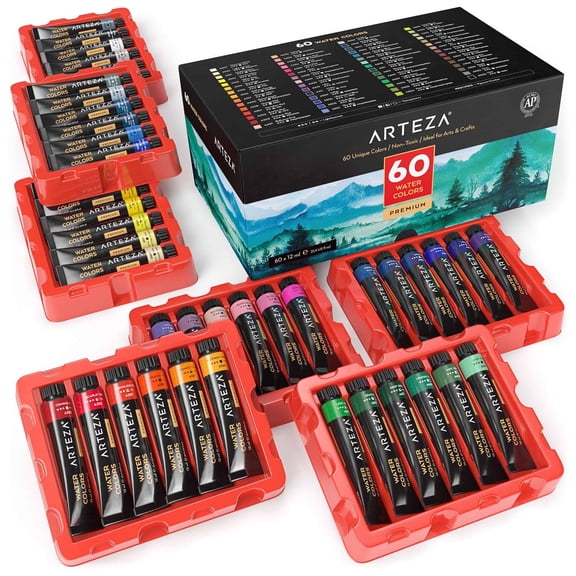 Arteza Professional Watercolor Artist Paint Set, 12ml Tubes, Assorted Colors 60 Pack