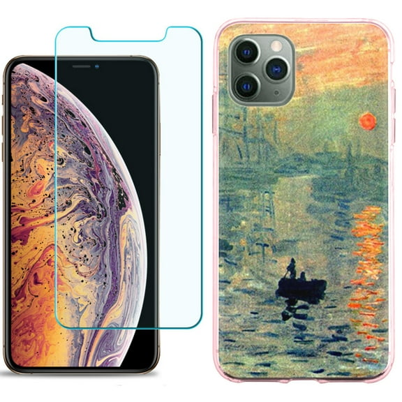 For Apple iPhone 11 PRO Case, Slim-Fit TPU Protective Phone Case (Pink Bezel) with Tempered Glass Screen Protector, by OneToughShield ® - Sunrise Impression