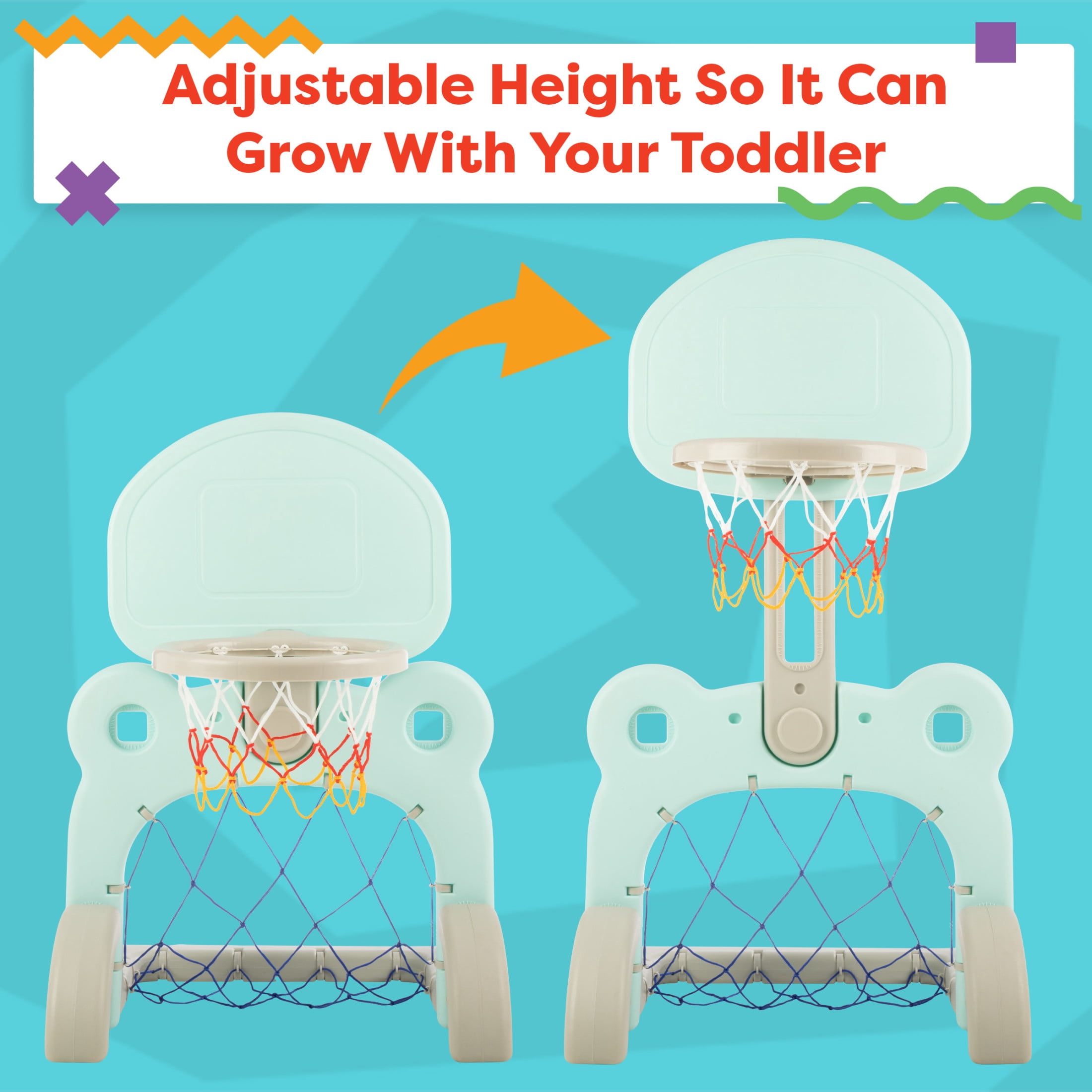 Hey Play 2-in-1 Adjustable Toddler Basketball Hoop and Soccer Goal (Blue)