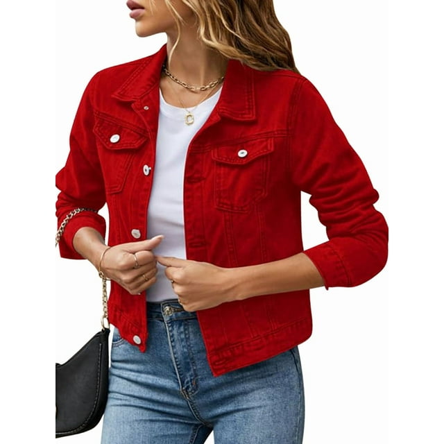 Jean Jackets for Women Basic Long Sleeve Button Down Denim Jacket Cropped Fashion Jean Jacket Red XL