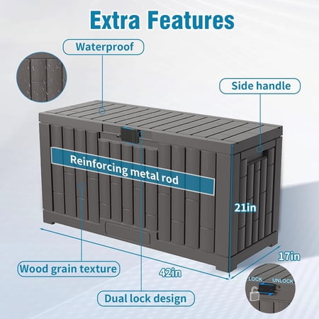 60 Gallon Heavy Duty Resin Deck Box, Waterproof Lockable Reinforced Metal Rod, Outdoor Storage Container for Patio Garden Poolside Garage