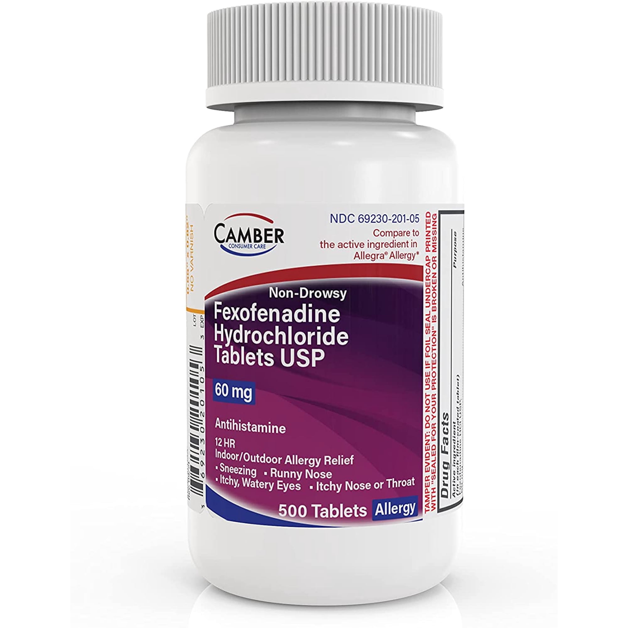 Camber Consumer Care Adult Non-Drowsy Antihistamine Tablets for 12-Hour Allergy Relief, Fexofenadine HCl 60 Mg, 500ct