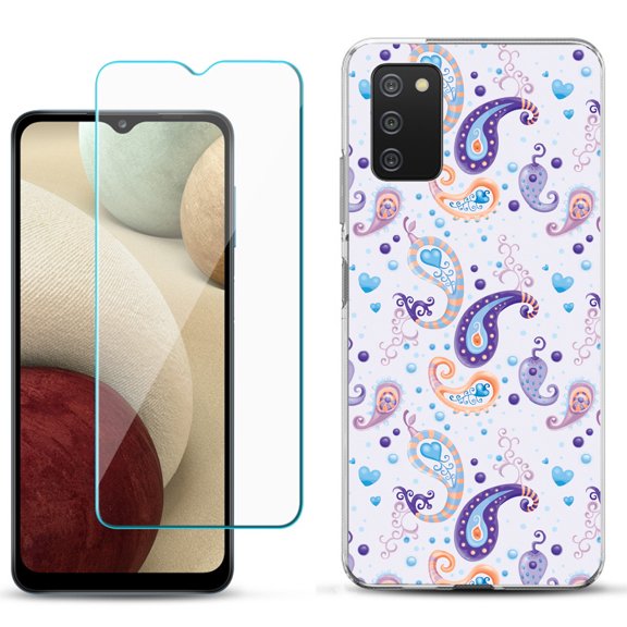 Slim-Fit TPU Phone Case Compatible with Samsung Galaxy A02s, with Tempered Glass Screen Protector, by OneToughShield ® - Paisley Purple