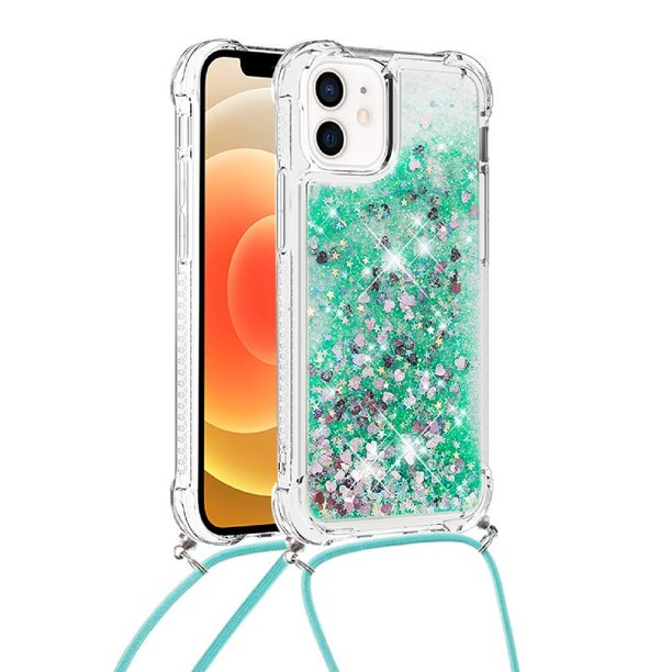 Funda FOXDOCK para iPhone 12 con Cuerda Ajustable, Brillo Líquido, Protección Antigolpes y Lente – Ideal para Regalo