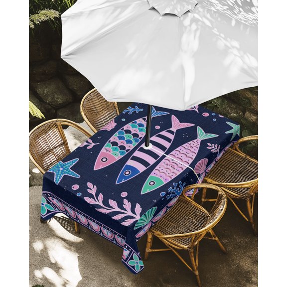Outdoor Tablecloth with Umbrella Hole, Coastal Nautical Fish Shell Zippered Table Cloth for Rectangle Tables, Vintage Folk Art Washable Waterproof Tablecloths for Picnic Patio Garden