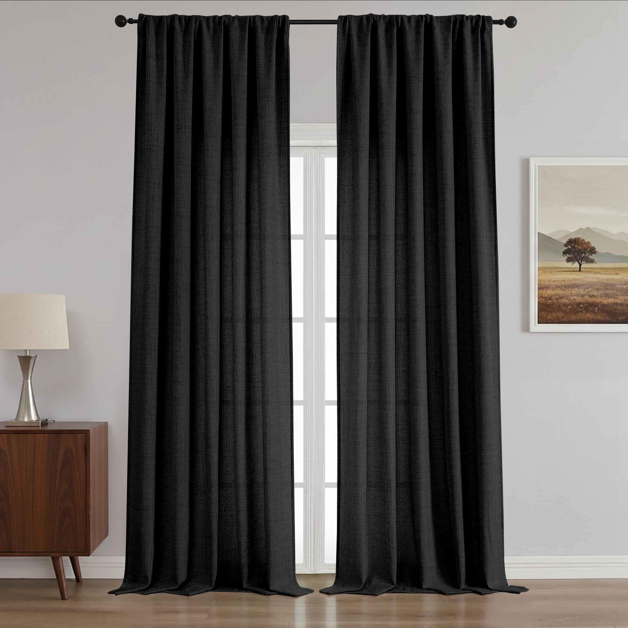 OVZME Judy Extra Long Black Curtains 120 Inches Long 2PCS, Floor to Ceiling Light Filtering Faux Linen Drapes for Large Windows Living Room Bedroom Farmhouse Style, Each 50Wx120L, 10FT