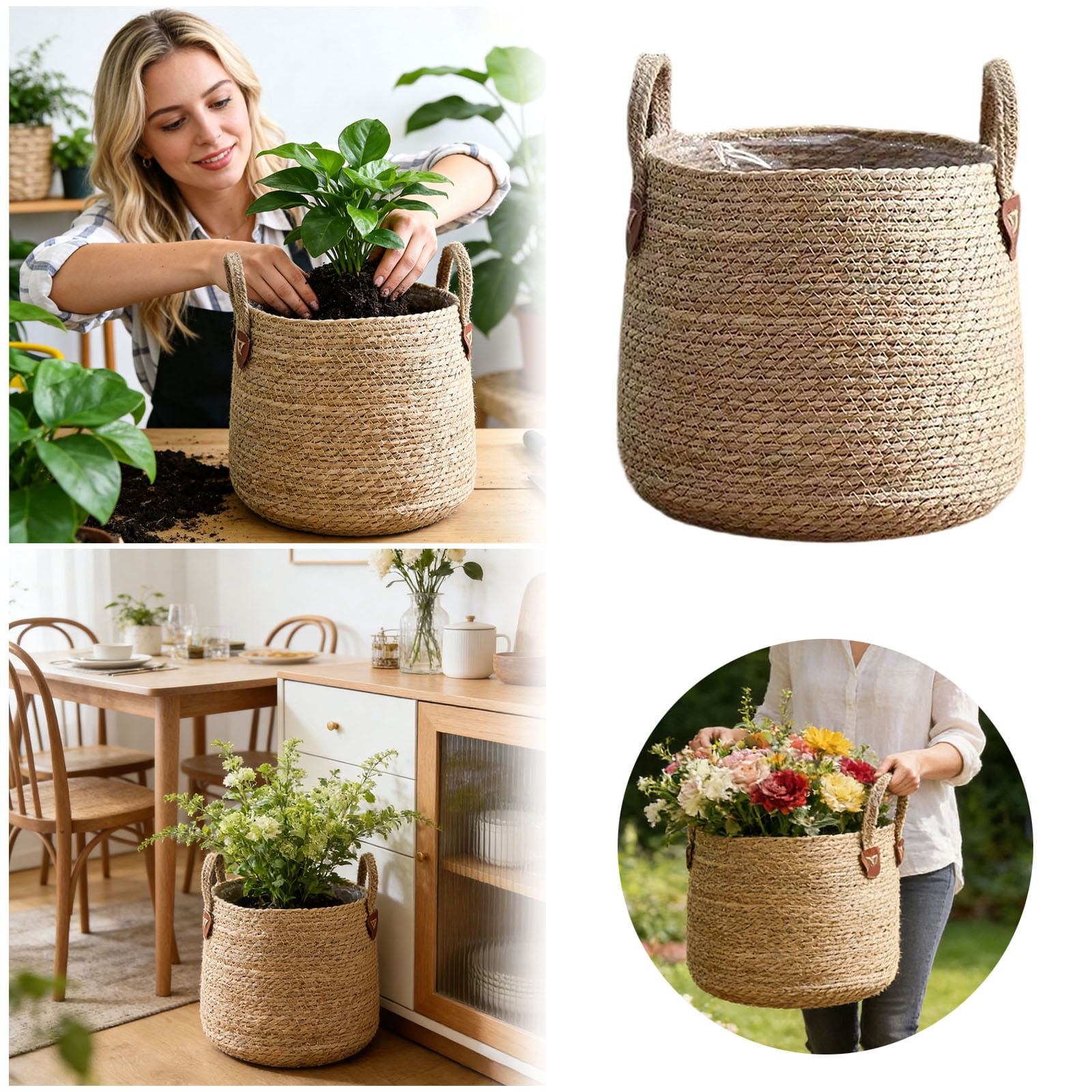 Woven Handmade Plant Basket 12x14x4 Inch Natural Rattan Basket Planter with Handles Indoor Outdoor Plant Baskets for Houseplants Decor