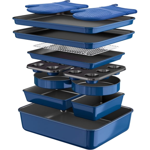 13-Piece Nonstick Baking Pans Set in Blue Includes Roasting Pan Cookie Sheet Cooling Rack Cake Pan Loaf Pan Muffin Pan