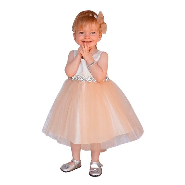 Precious Kids - Petite Adele Baby Girls Champagne Satin Tulle Rhinestone Flower Girl Dress