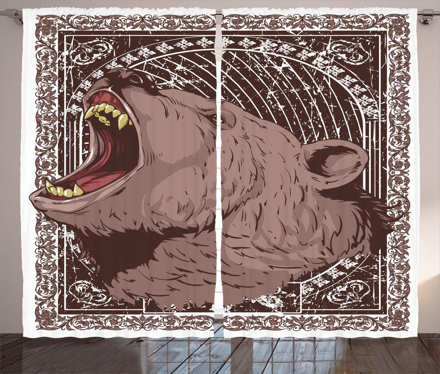 Animal Print Curtains 2 Panels Set, Illustration of the Growling Grizzly Bear Head with Sharp Teeth Print, Window Drapes for Living Room Bedroom, 108W X 63L Inches, Brown and White, by Ambesonne - Animal Print Curtains 2 Panels Set, Illustration of the Growling Grizzly Bear Head with Sharp Teeth Print, Window Drapes for Living Room Bedroom, 108W X 63L Inches, Brown and White, by Ambesonne -