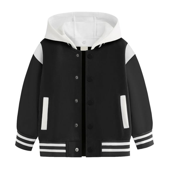 Qopobobo Baseball Jacket Kids Straight Jacket Kids Baseball Jacket Varsity Coat Fall Winter Fleece Bomber Vintage Outerwear Black,1-2 Years