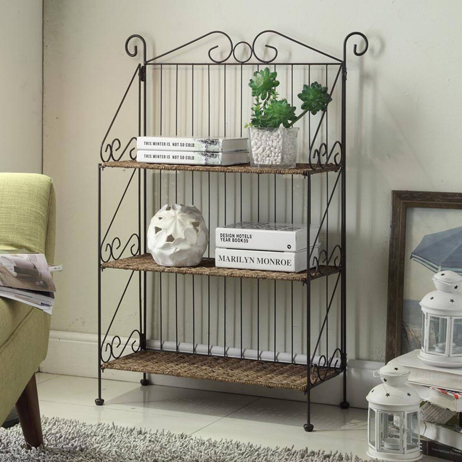 4D Concepts Farmington 3 Tier Folding Weave/Black Iron Shelf Decorative