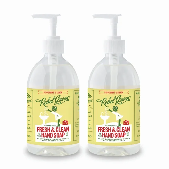 Rebel Green Fresh & Clean Hand Soap - Moisturizing Natural Bathroom & Kitchen Liquid Soap - Gentle Household Hand Wash - Peppermint & Lemon, 12 Fl Oz (Pack of 2)