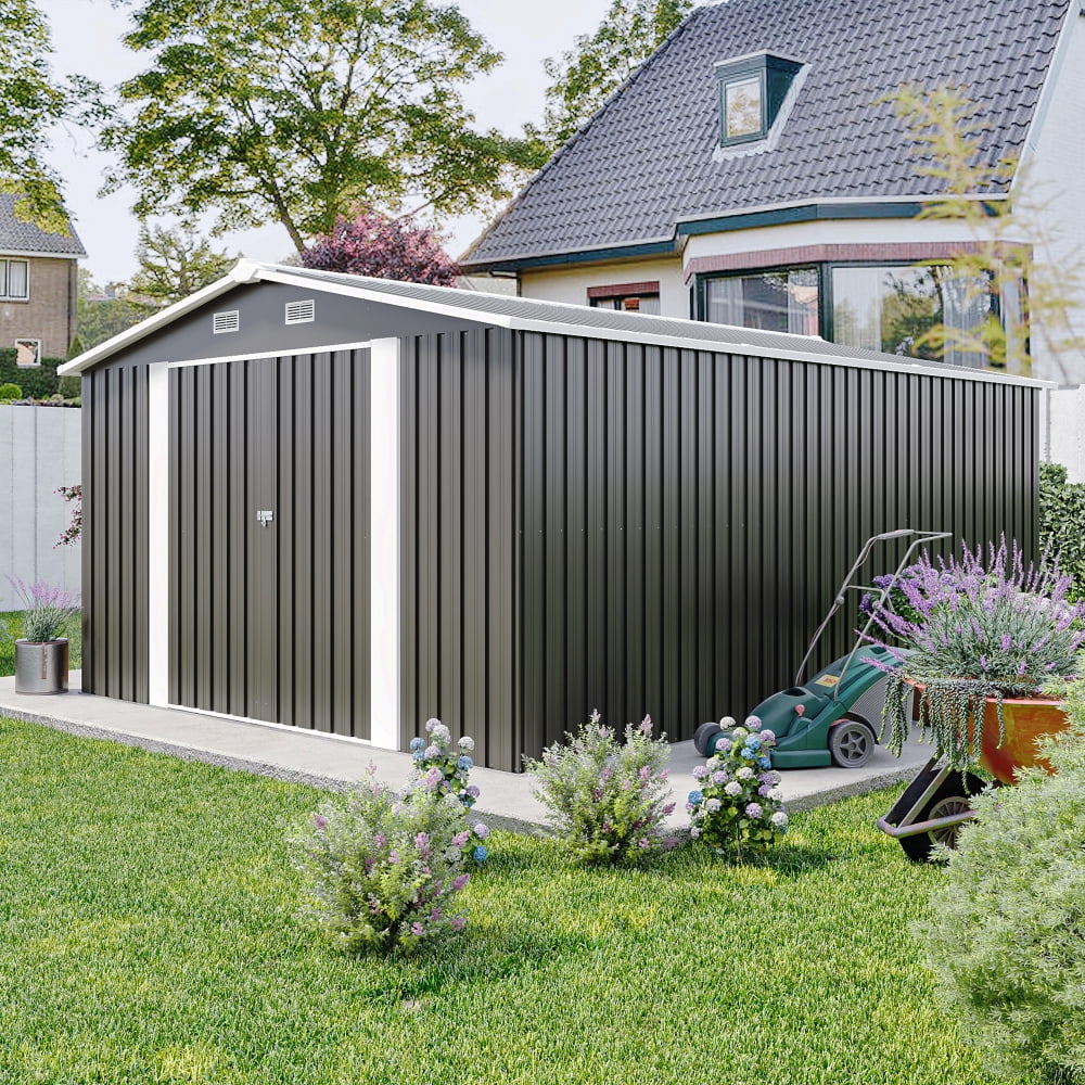 10x14 FT Metal Storage Shed with 2 Lockable Doors & 4 Vents, Sloped Roof Outdoor Garden Shed for Backyard & Patio，dark Grey