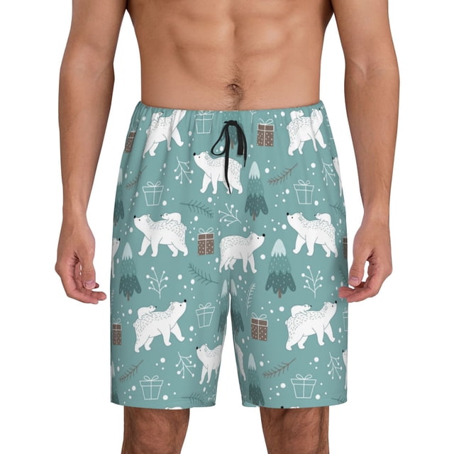 Balery whiter Snow bear Print Pantalones cortos de pijama de punto de algodón para hombre con cinturilla y bolsillos-Large