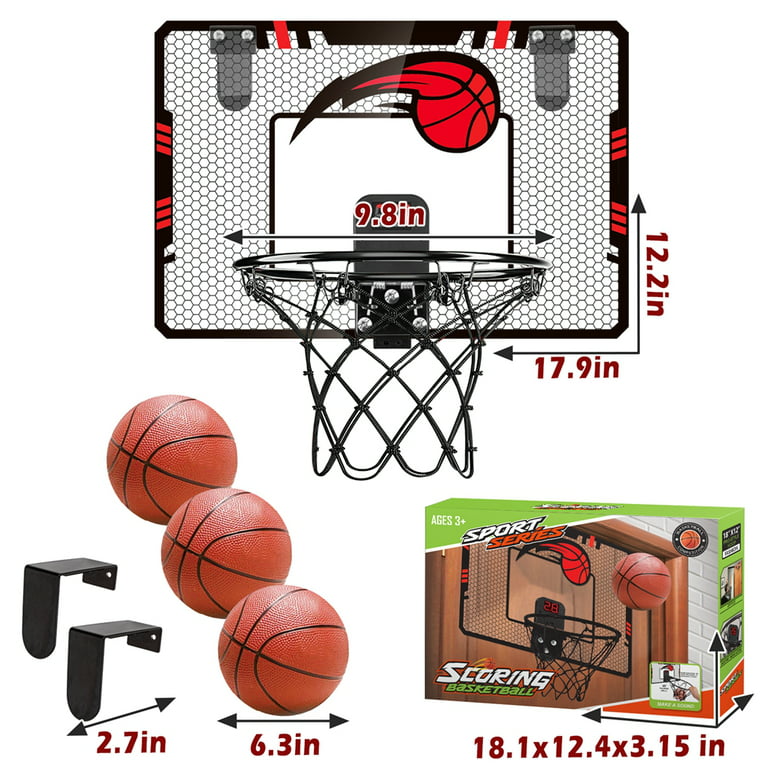 LAYADO Kids Mini Basketball Hoop Set Electronic Score Record and Sounds, Basketball Hoop Over The Door with 3 Balls, Hand Pump Basketball Backboard