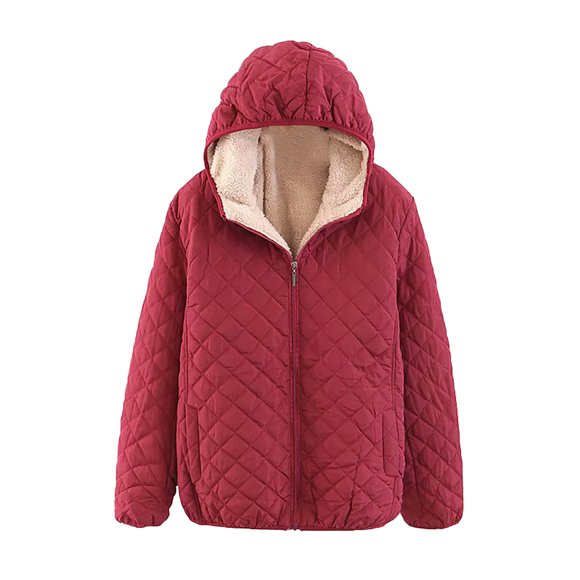 Aboser Womens Quilted Jacket with Hood Warm Plush Fleece Lined Coat Diamond Puffer Jackets Loose Zip Up Outerwear Solid Color Hooded Coats