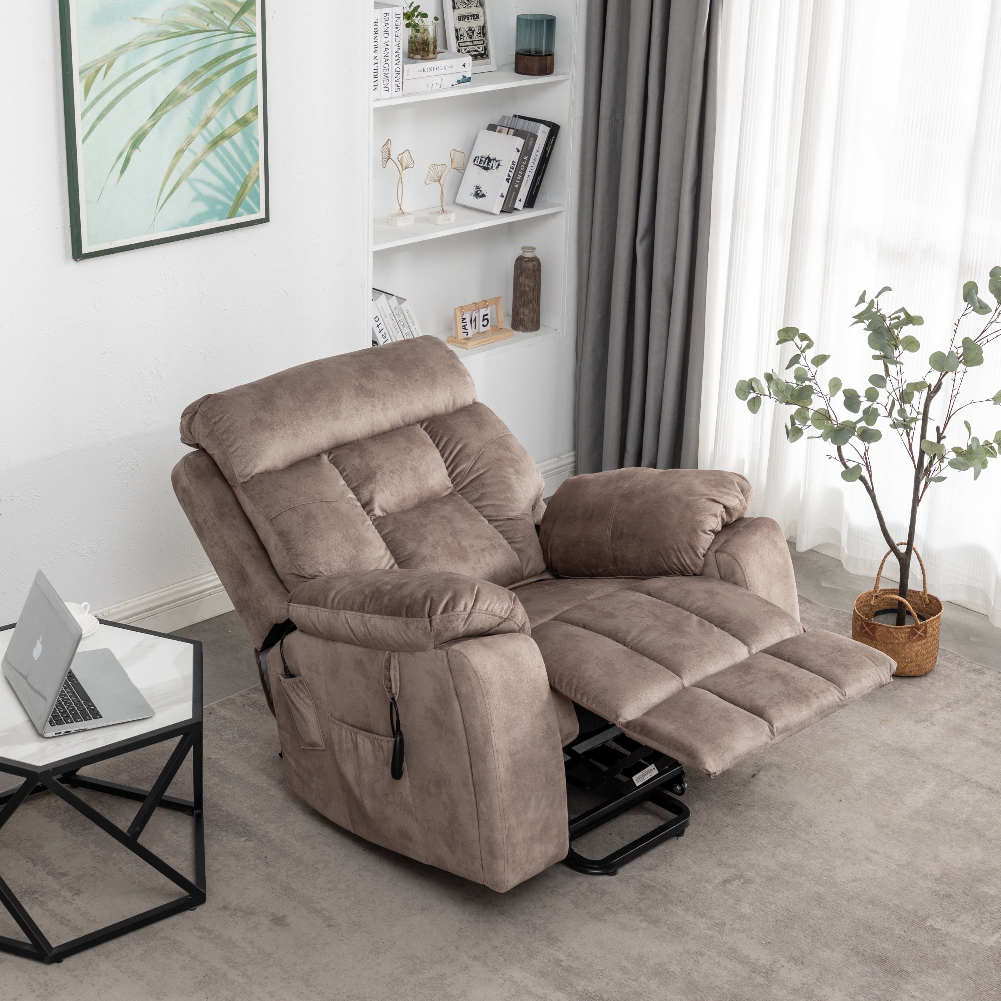 Power Lift Recliner Chair for Father/Mother Gift, 26" Wide Velvet Electric Massage Recliner with Massage & Heat, Living Room Chair, Light Brown