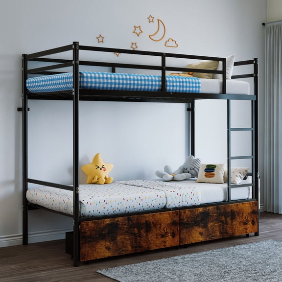 MAYEERTY Twin Over Twin Metal Bunk Bed with Storage Drawer, Heavy Duty Bed Frame with Ladder and High Guardrail, 485 lbs Capacity, for Kids Teens Adults Dorm