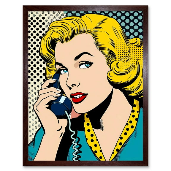 Halftone Hello Comic Book Style 1950s Woman Telephone Bright Polka Dot Pattern Art Print Framed Poster Wall Decor 12x16 inch